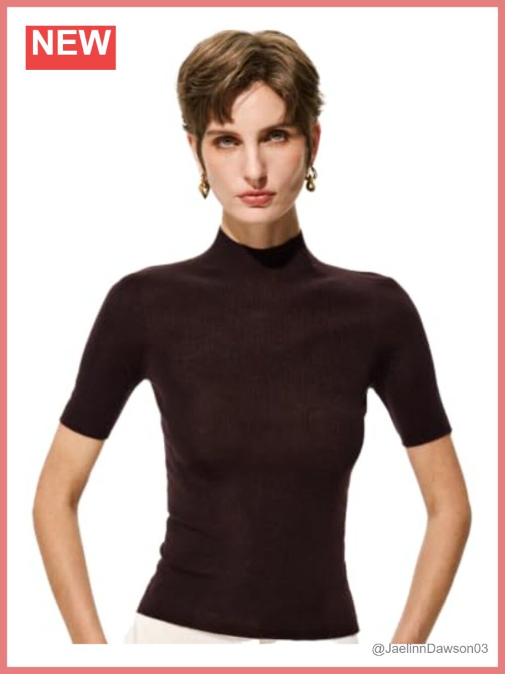 100% Merino Wool Mock Neck Elbow Sleeve Knit Sweater Top